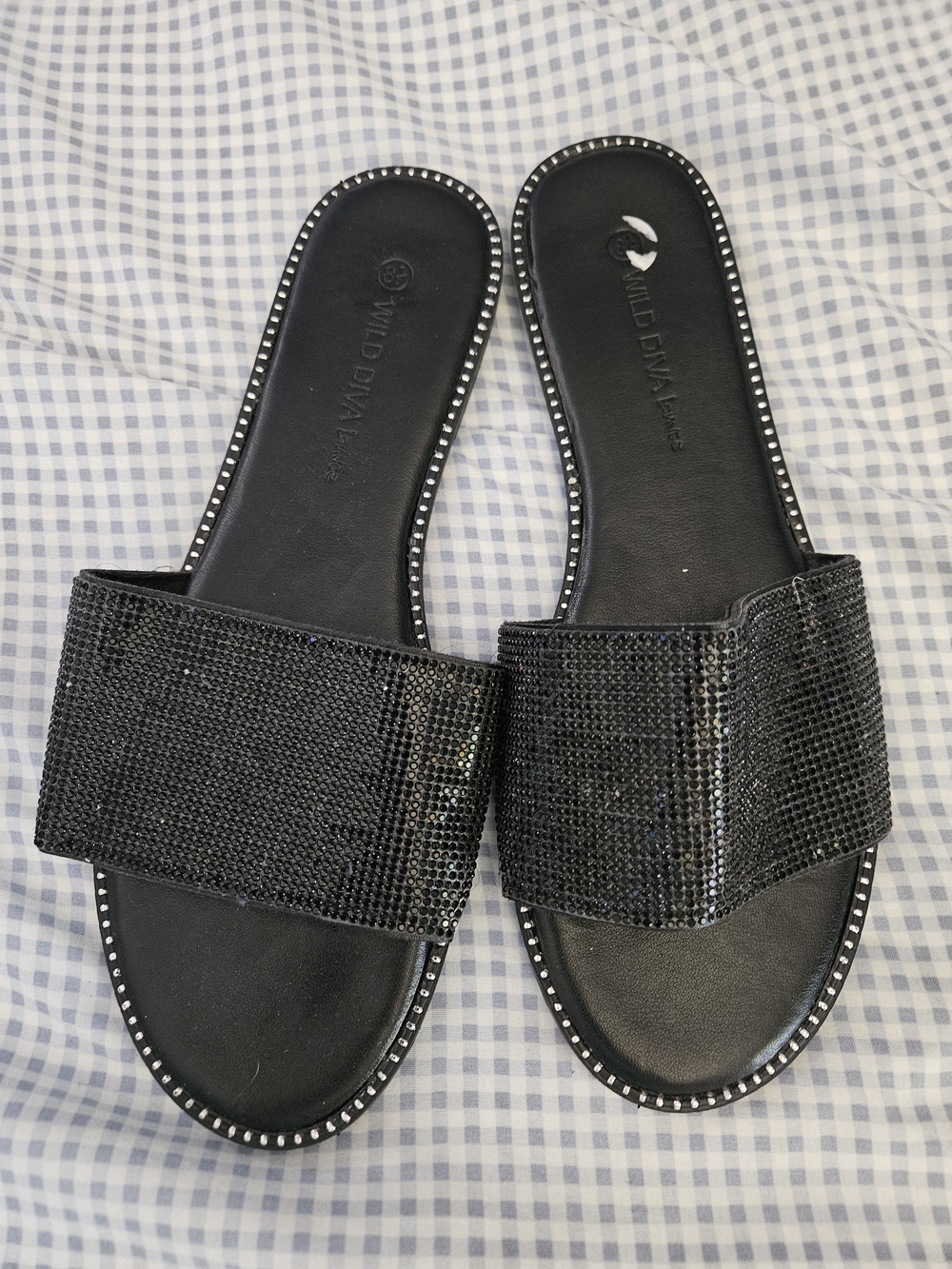 Wild Diva Black Rhinestone Slide Mules